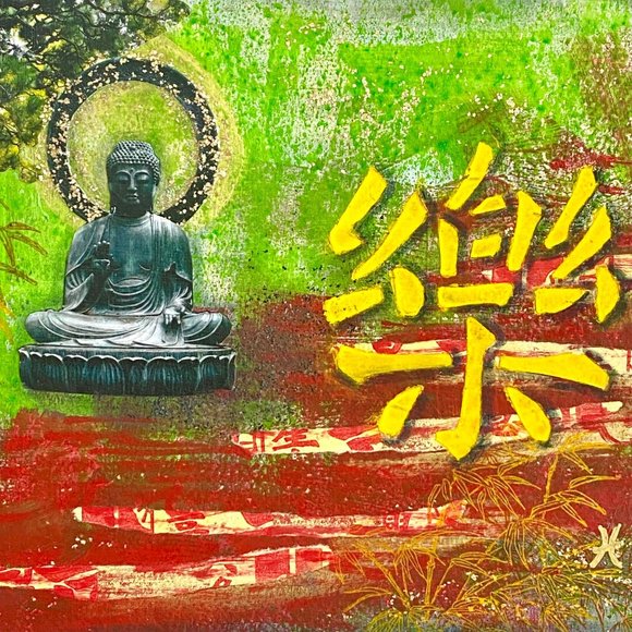 Joyful Serenity - Original Asian Fusion Wall Art Mixed Media Painting 8"x10" - Picture 2 of 10